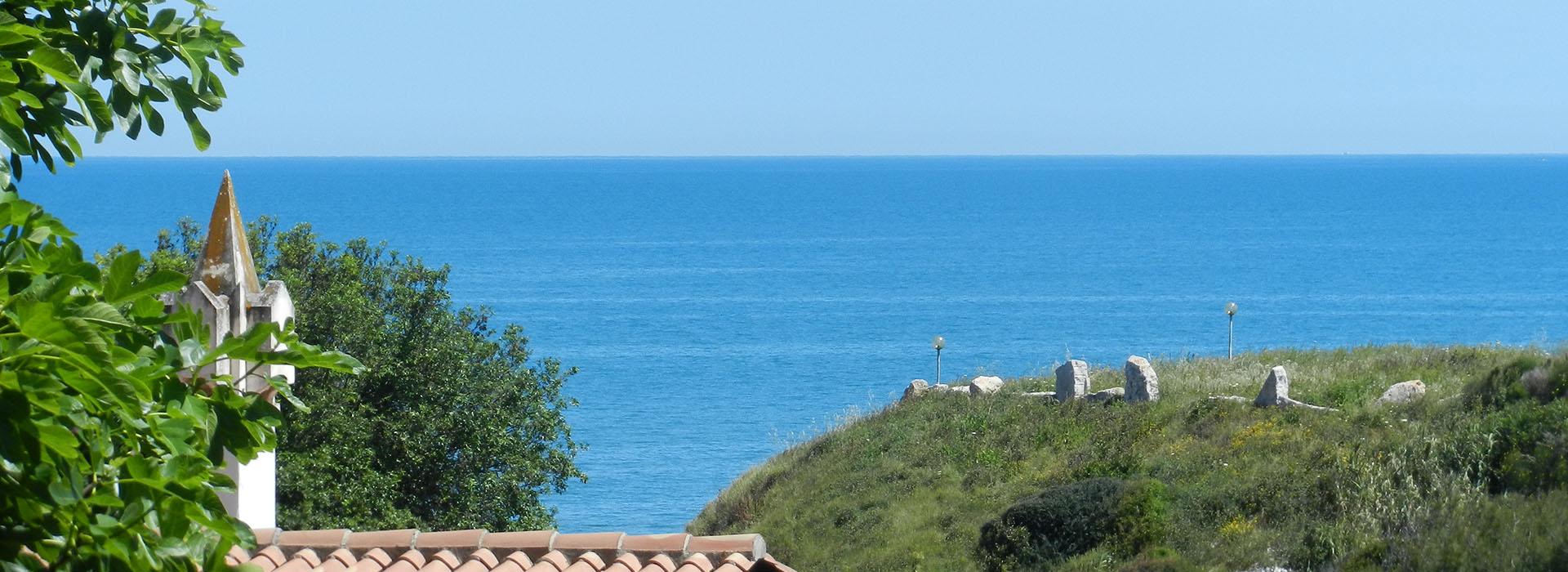 Vista sul mare con vegetazione e tetto in primo piano.