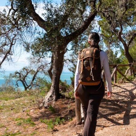 Persona con zaino cammina su sentiero alberato vicino al mare.