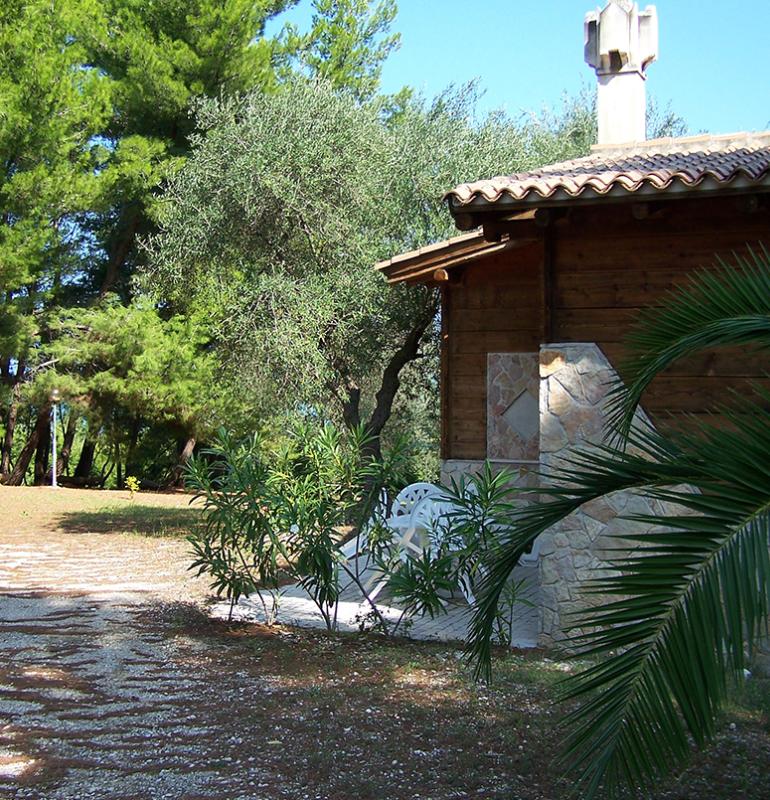 Casetta di legno con giardino, piante verdi e sedie bianche all'aperto.
