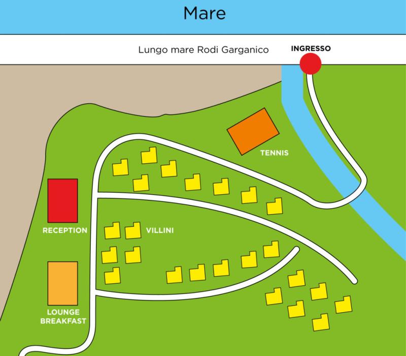 Mappa del villaggio con reception, villini, tennis e lounge colazione vicino al mare.